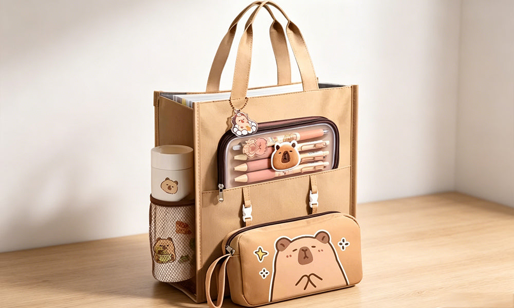 Cartoon Tote Bag Large Capacity Student Carry Bag with Side Pockets