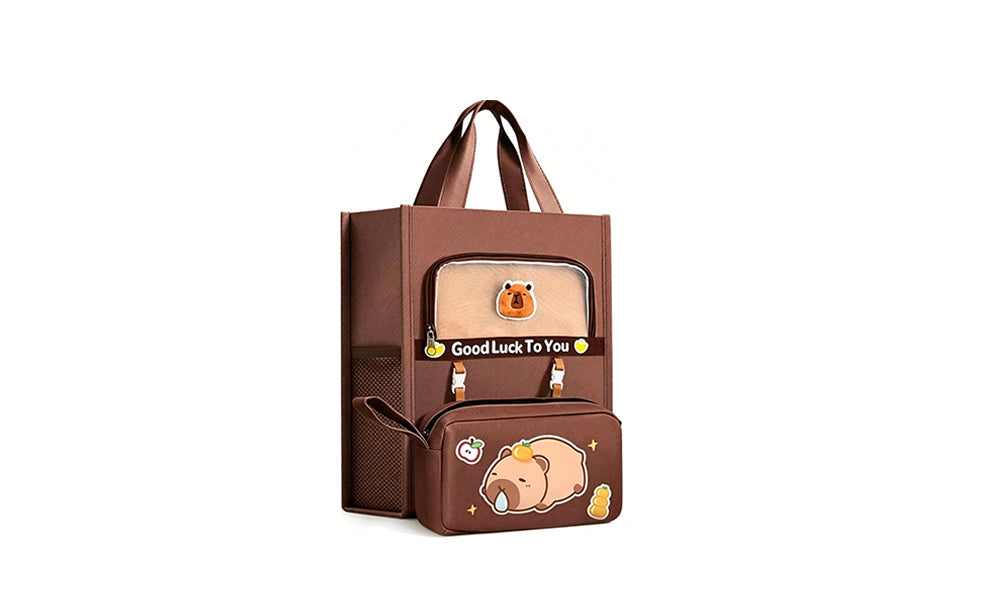 Cartoon Tote Bag Large Capacity Student Carry Bag with Side Pockets