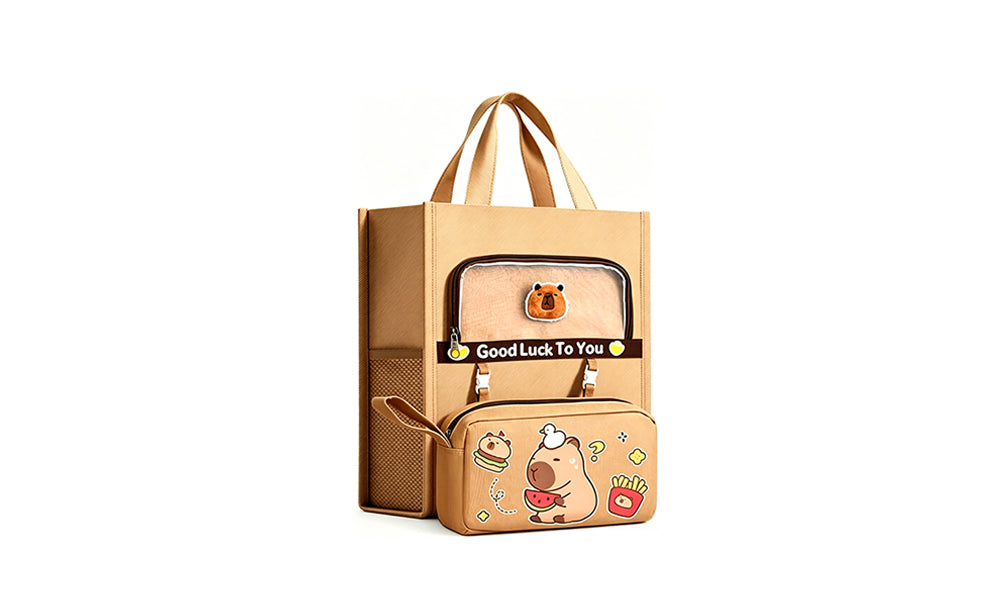 Cartoon Tote Bag Large Capacity Student Carry Bag with Side Pockets