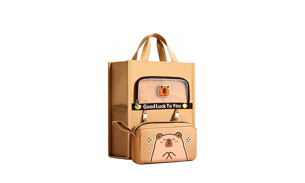 Cartoon Tote Bag Large Capacity Student Carry Bag with Side Pockets