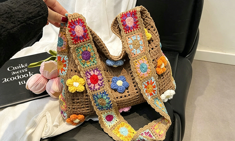 Bohemian Knit Crossbody Bag Woven Shoulder Tote Bag for Women