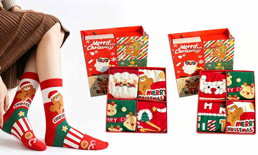 Christmas 4-Pair Mid-Calf Sock Set Festive Gift Box for Family and Friends