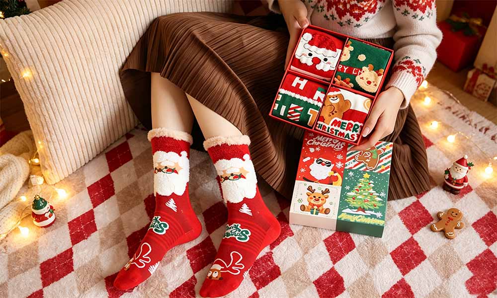 Christmas 4-Pair Mid-Calf Sock Set Festive Gift Box for Family and Friends