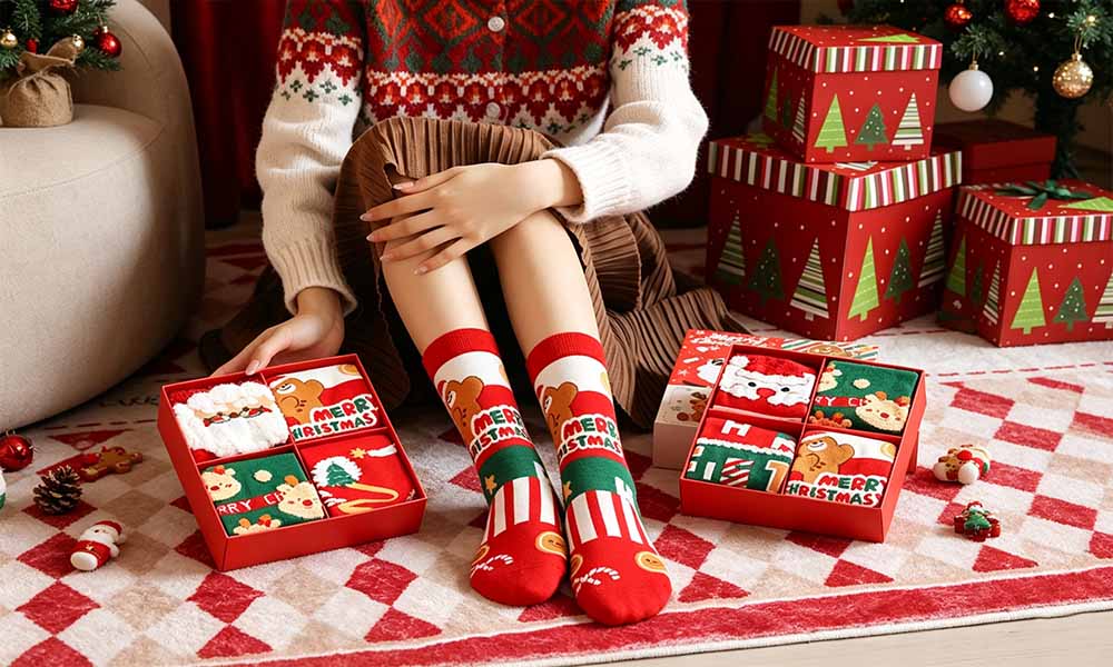 Christmas 4-Pair Mid-Calf Sock Set Festive Gift Box for Family and Friends