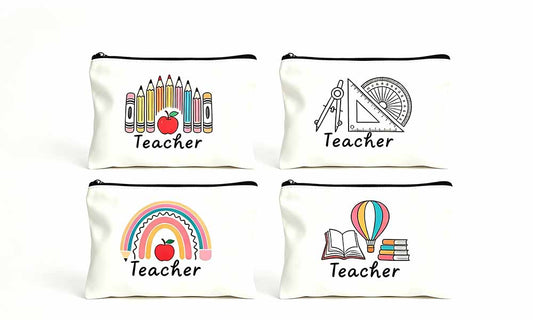 4 Teacher Theme Polyester Cotton Pencil Makeup and Travel Pouches