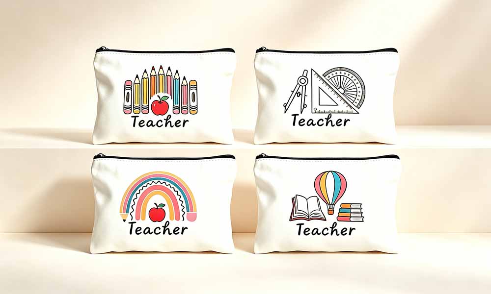 4 Teacher Theme Polyester Cotton Pencil Makeup and Travel Pouches