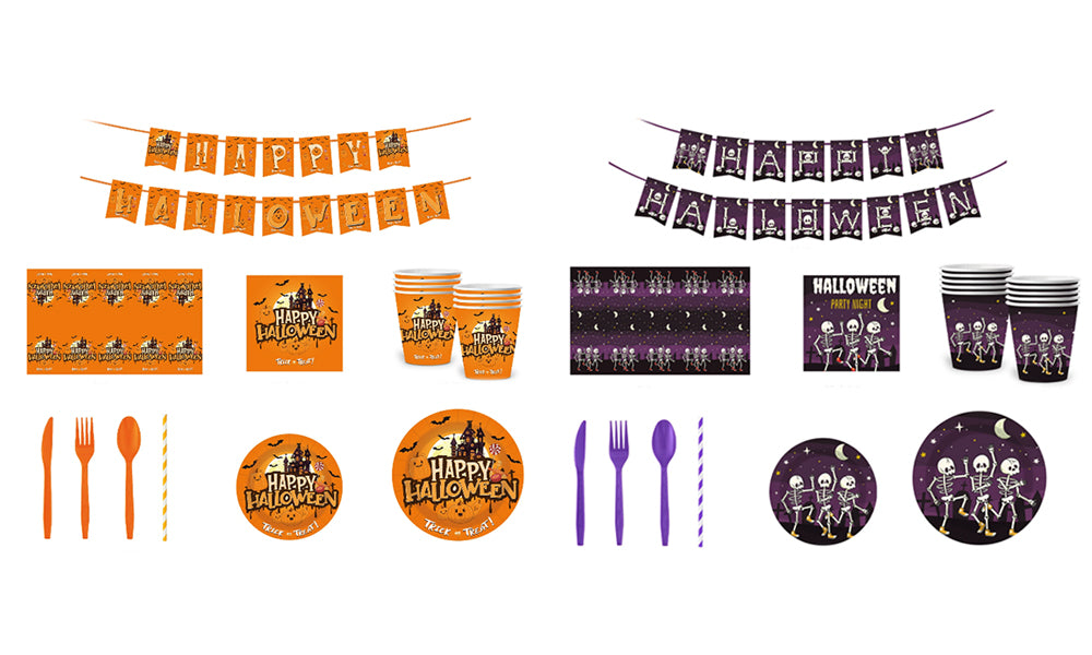10 PCS Halloween Pumpkin Party Tableware Set with Plates Cups Napkins and Banner