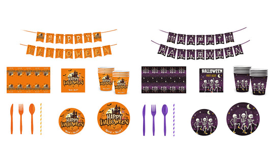 10 PCS Halloween Pumpkin Party Tableware Set with Plates Cups Napkins and Banner