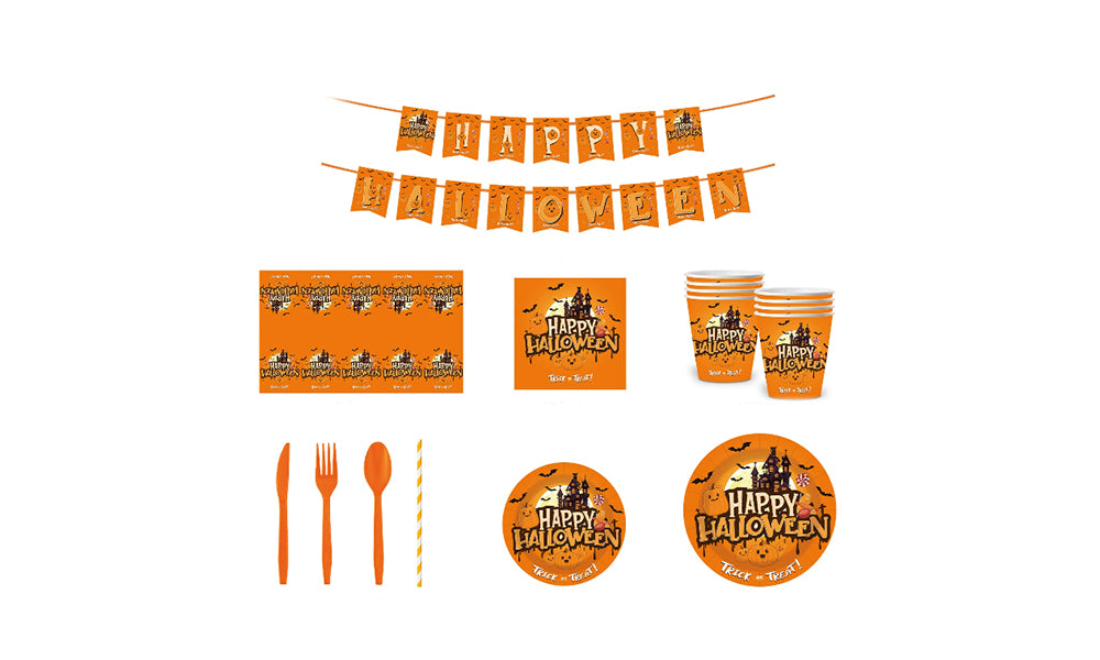 10 PCS Halloween Pumpkin Party Tableware Set with Plates Cups Napkins and Banner