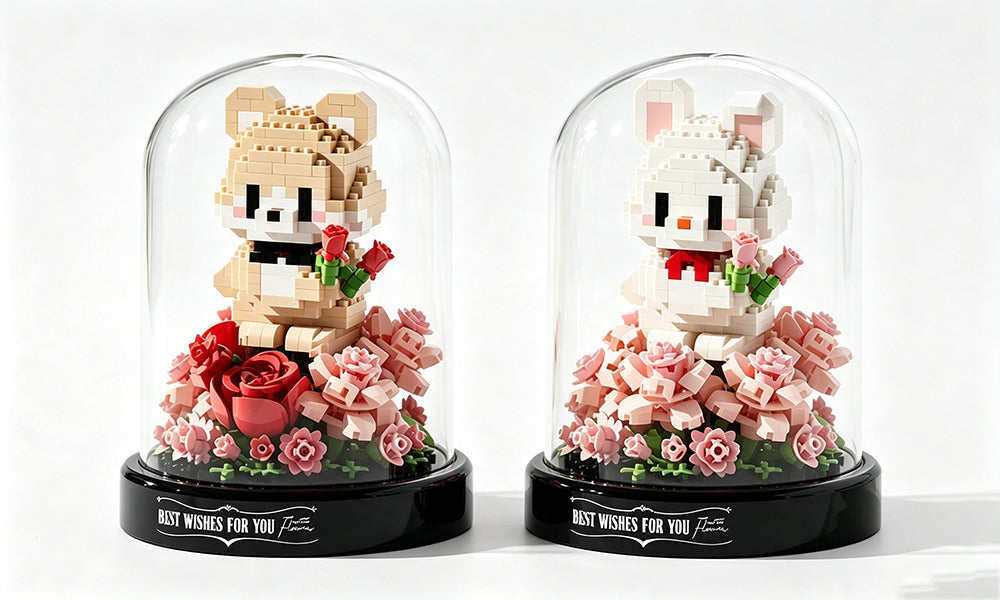Mini Flower Animal Building Brick Model with Display Case and Base