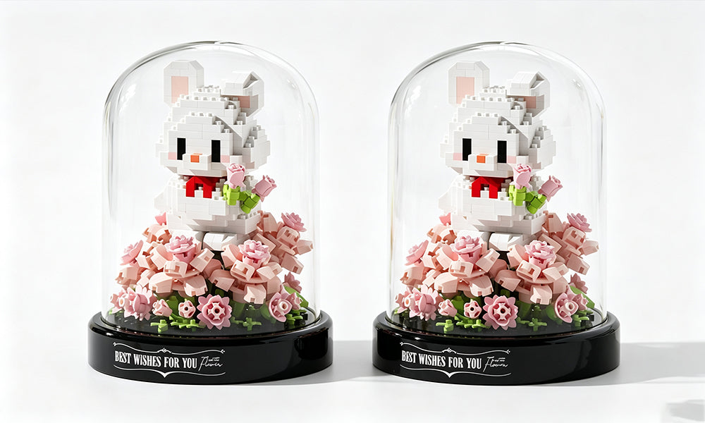 Mini Flower Animal Building Brick Model with Display Case and Base