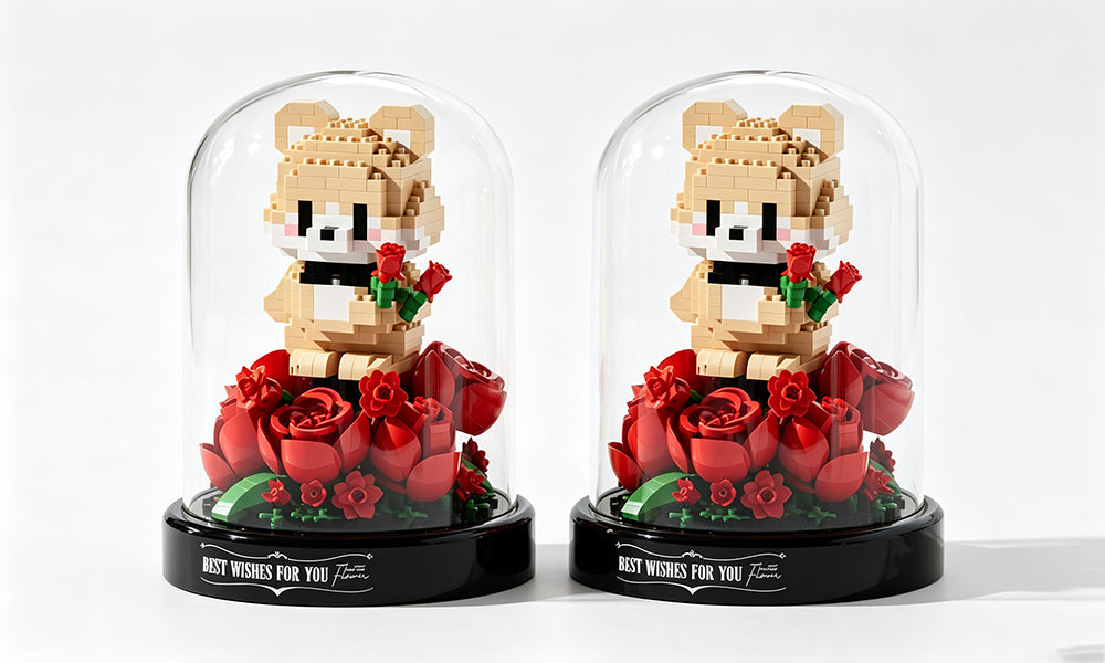 Mini Flower Animal Building Brick Model with Display Case and Base
