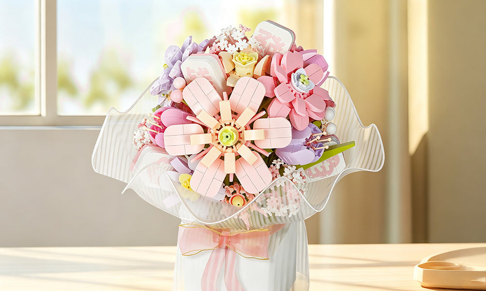 Buildable Flower Bouquet Brick Set with Multicolor Blooms and Stems
