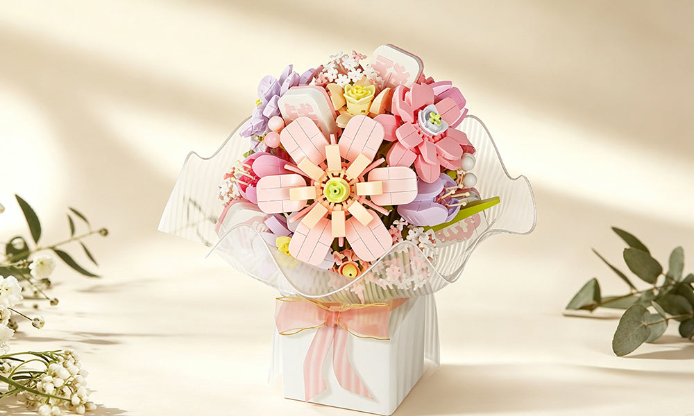 Buildable Flower Bouquet Brick Set with Multicolor Blooms and Stems