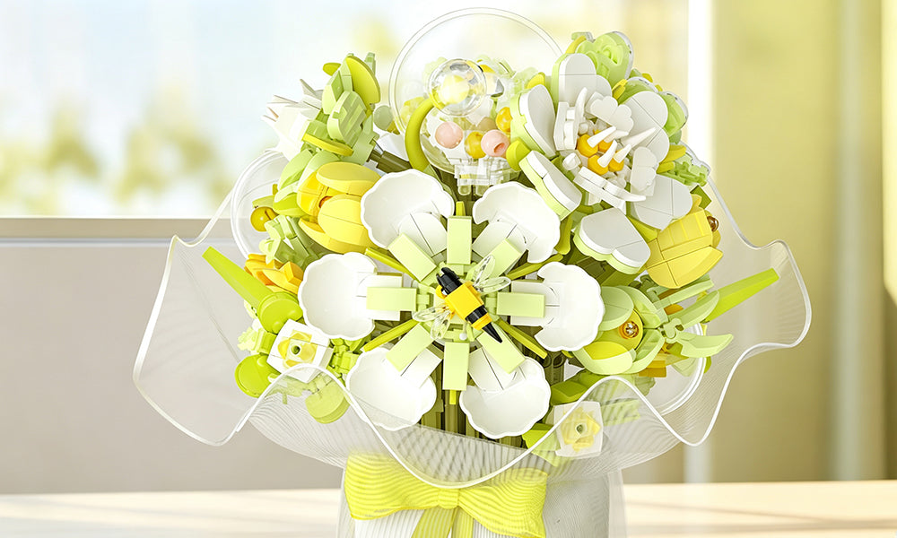 Buildable Flower Bouquet Brick Set with Multicolor Blooms and Stems