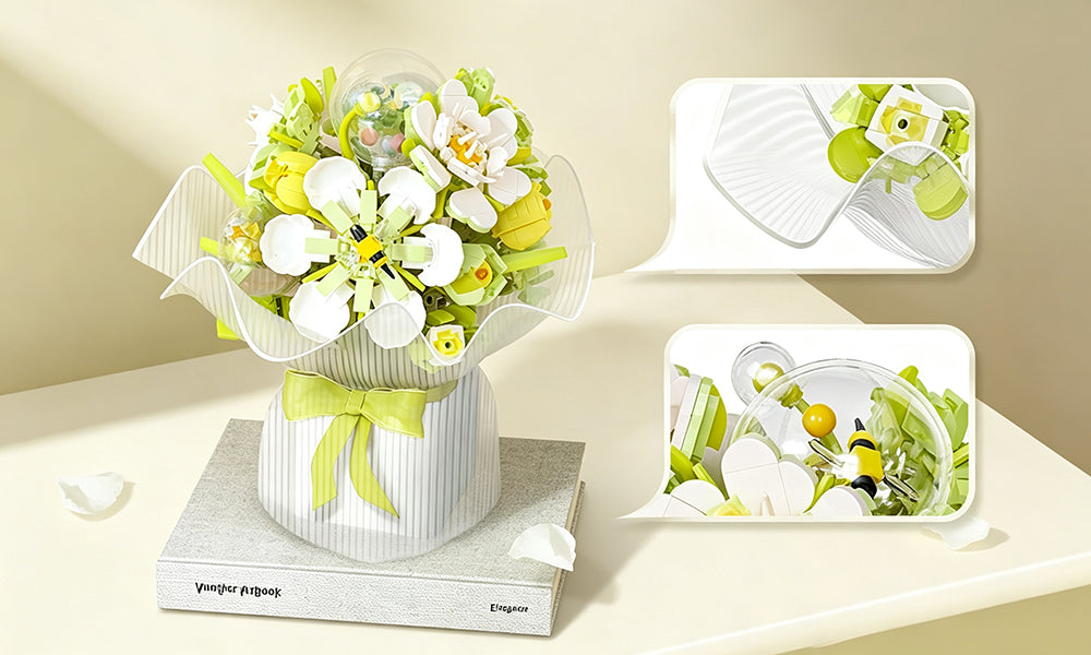 Buildable Flower Bouquet Brick Set with Multicolor Blooms and Stems