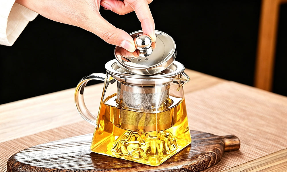 Square Borosilicate Glass Teapot with Stainless Steel Filter and Spout