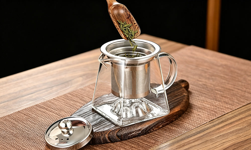 Square Borosilicate Glass Teapot with Stainless Steel Filter and Spout