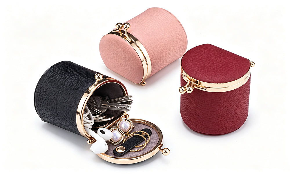 Genuine Leather Kiss Lock Coin and Jewelry Pouch with Inner Strap