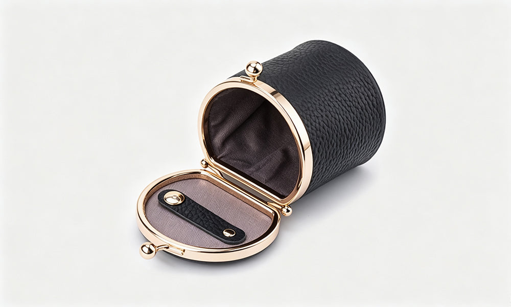 Genuine Leather Kiss Lock Coin and Jewelry Pouch with Inner Strap