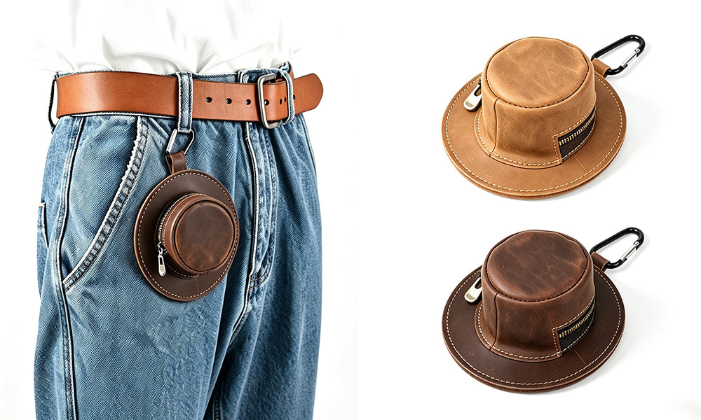 Hat Shaped Genuine Leather Coin Pouch with Carabiner and Full Zipper