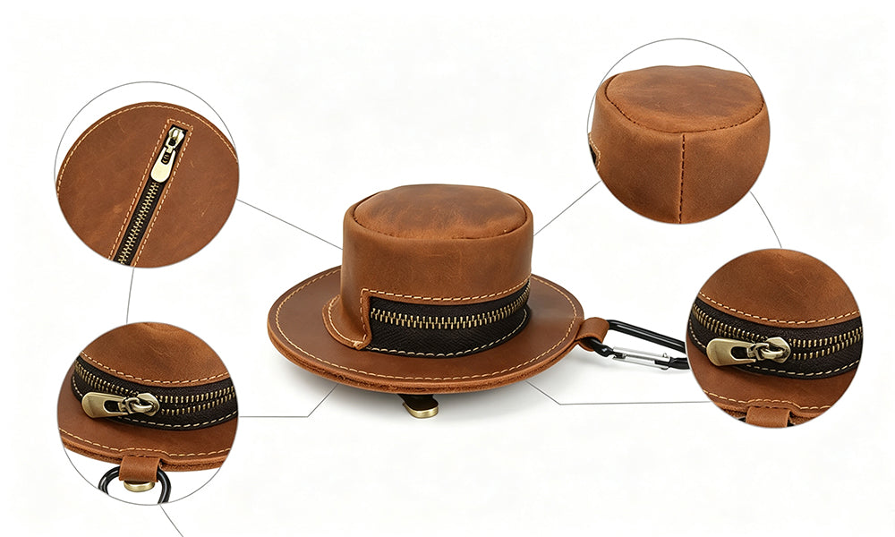 Hat Shaped Genuine Leather Coin Pouch with Carabiner and Full Zipper