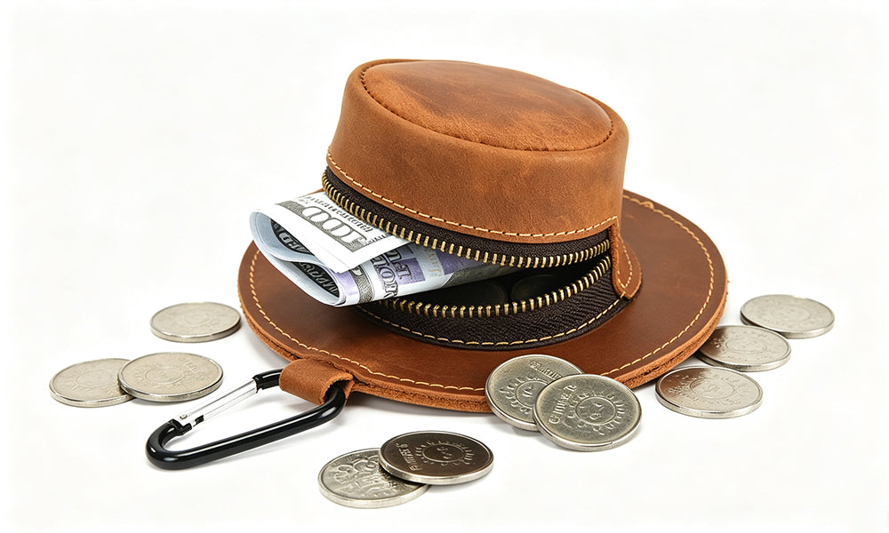 Hat Shaped Genuine Leather Coin Pouch with Carabiner and Full Zipper