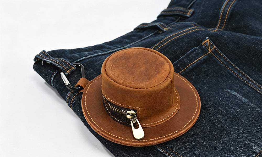 Hat Shaped Genuine Leather Coin Pouch with Carabiner and Full Zipper
