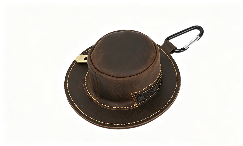 Hat Shaped Genuine Leather Coin Pouch with Carabiner and Full Zipper