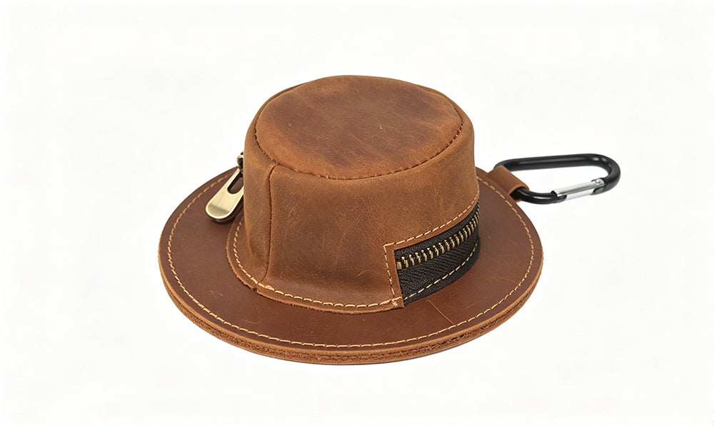 Hat Shaped Genuine Leather Coin Pouch with Carabiner and Full Zipper