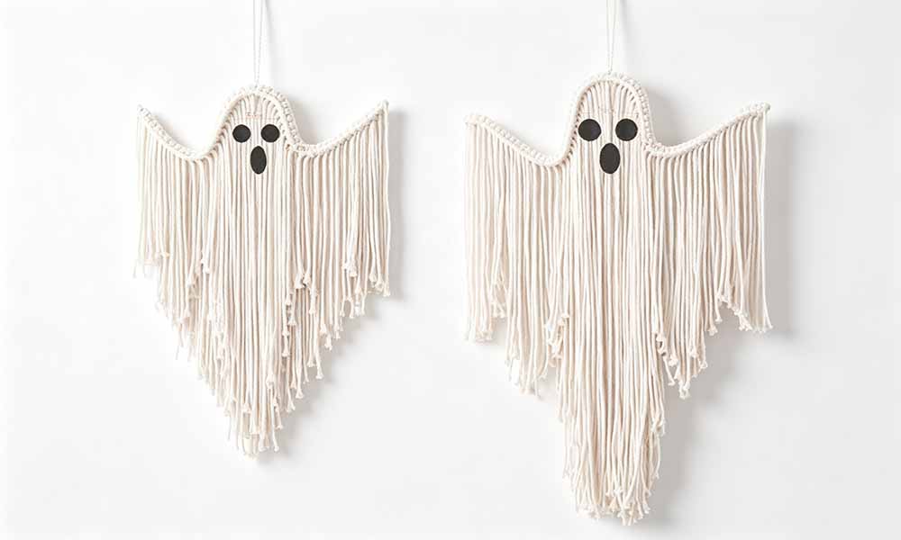 2 PCS Handwoven Poly Cotton Halloween Ghost Tapestry Set with Fringe