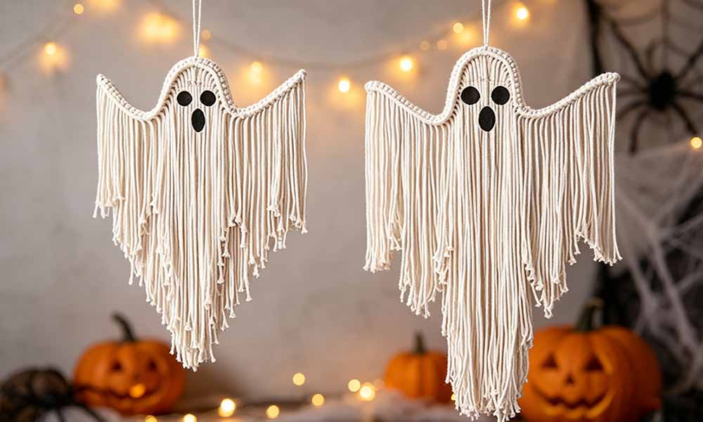 2 PCS Handwoven Poly Cotton Halloween Ghost Tapestry Set with Fringe