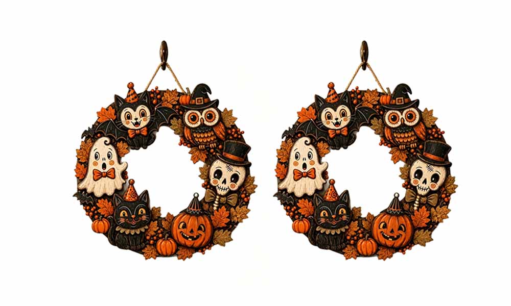 2 Piece Engineered Wood Pumpkin Owl Halloween Hanging Decorations with Ropes