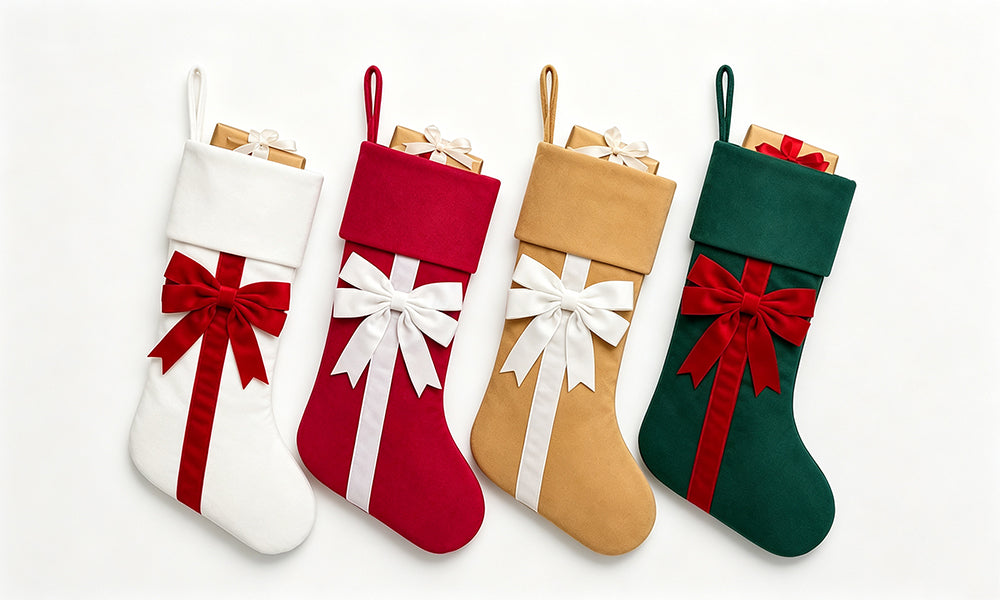 4 PCS Velvet Christmas Stockings with Bows for Fireplace Hanging Decor