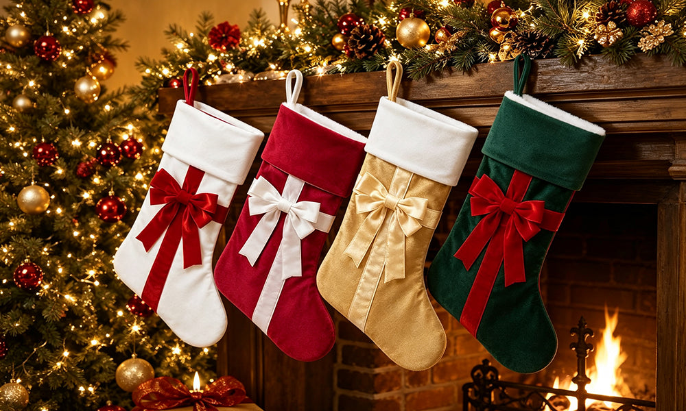 4 PCS Velvet Christmas Stockings with Bows for Fireplace Hanging Decor