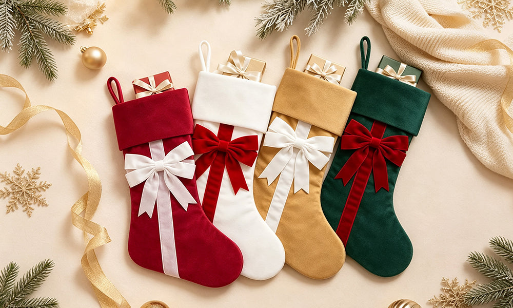 4 PCS Velvet Christmas Stockings with Bows for Fireplace Hanging Decor