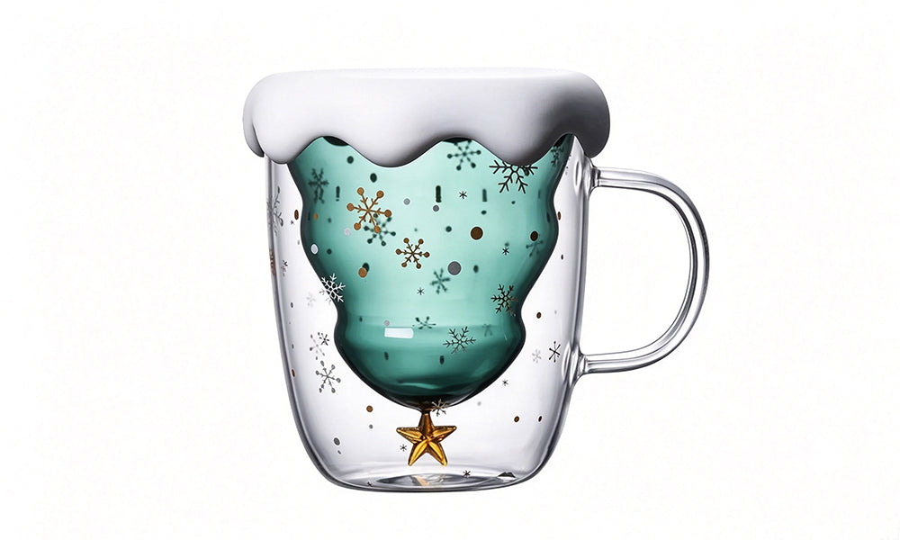 1/2PCS Cartoon Double Wall Christmas Tree Glass Cup with Silicone Lid