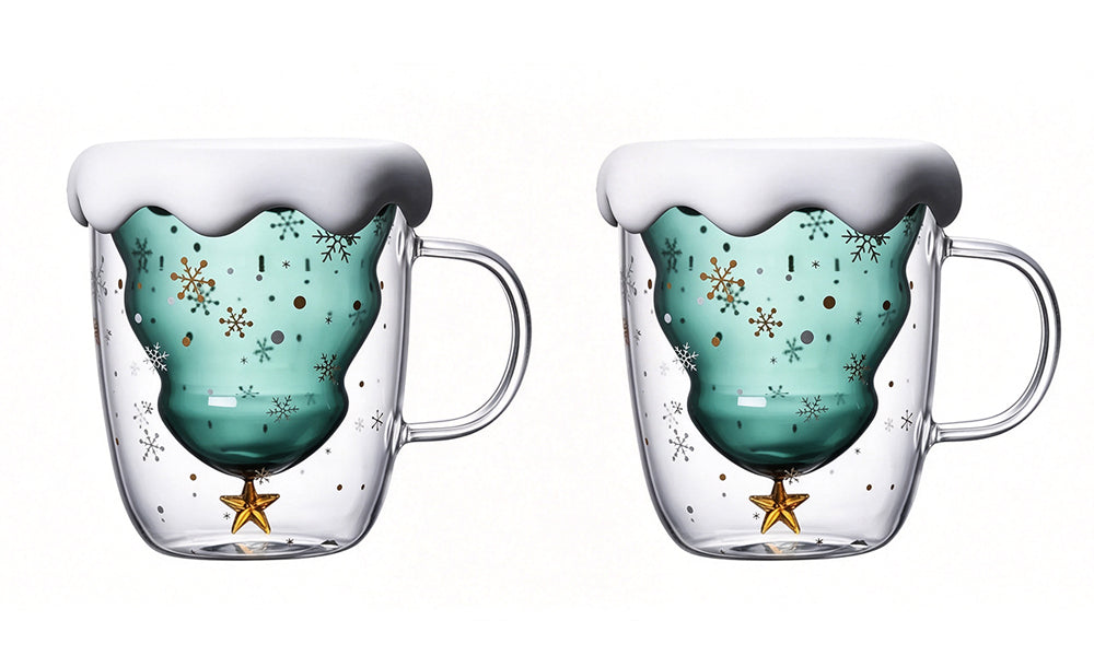 1/2PCS Cartoon Double Wall Christmas Tree Glass Cup with Silicone Lid