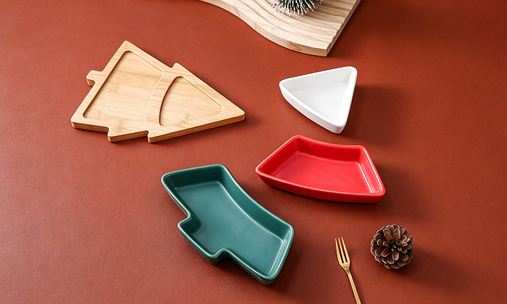 Three Color Christmas Tree Ceramic Snack and Nut Serving Tray