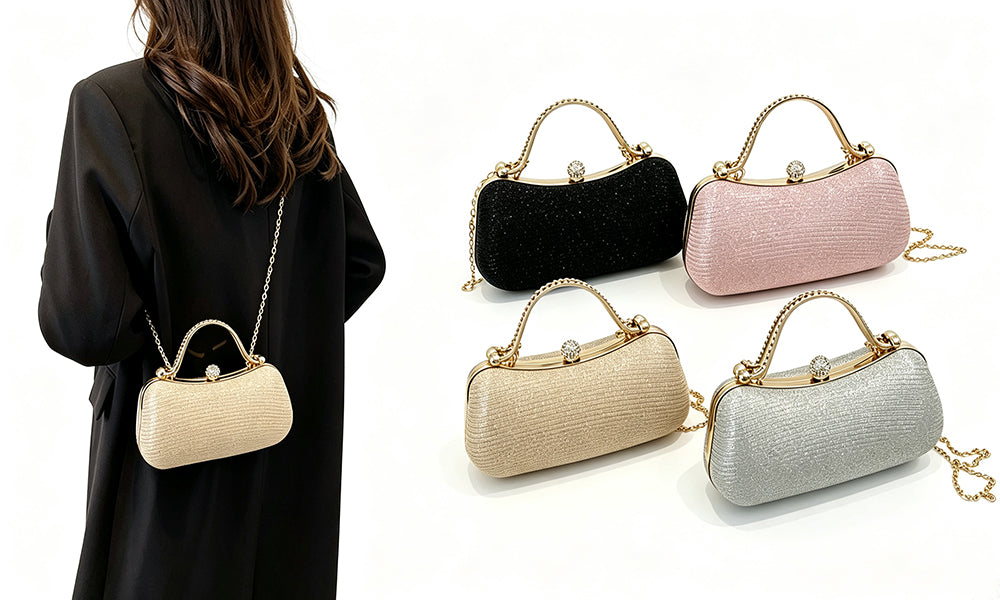 Glitter Envelope Evening Clutch with Top Handle and Crossbody Chain