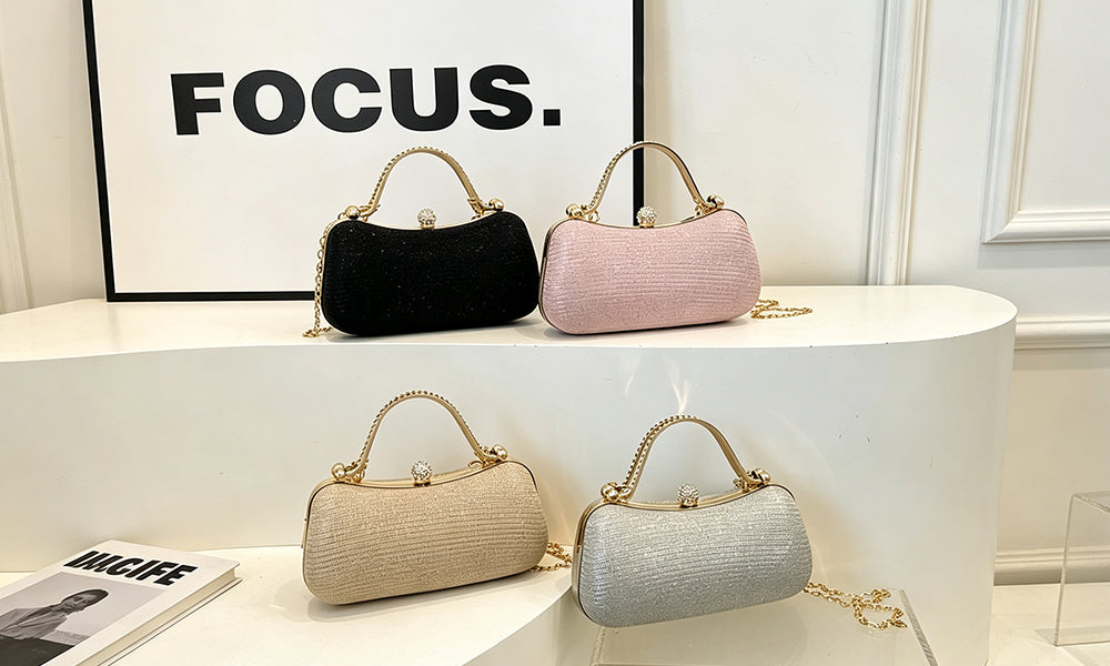 Glitter Envelope Evening Clutch with Top Handle and Crossbody Chain