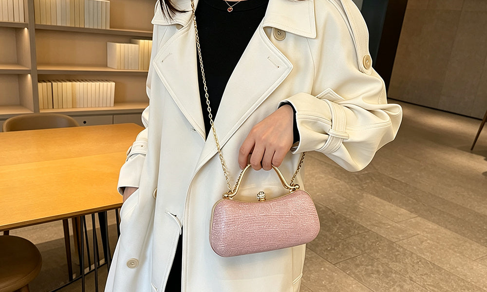 Glitter Envelope Evening Clutch with Top Handle and Crossbody Chain