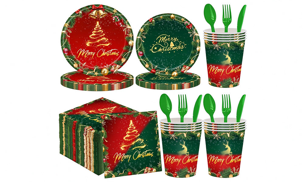 140 Piece Christmas Party Tableware Set Red Green Gold Holiday Design