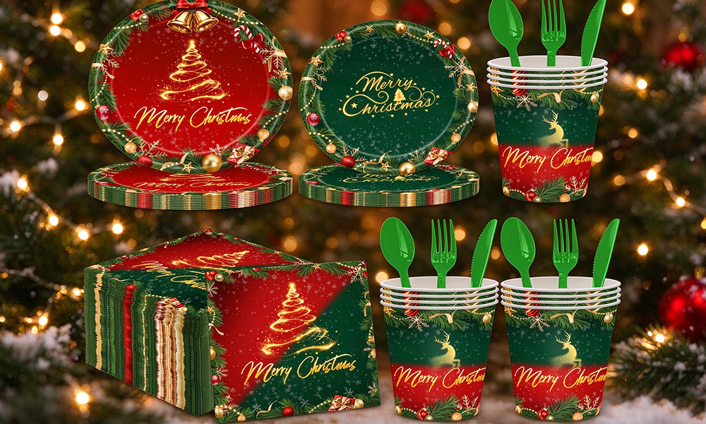 140 Piece Christmas Party Tableware Set Red Green Gold Holiday Design