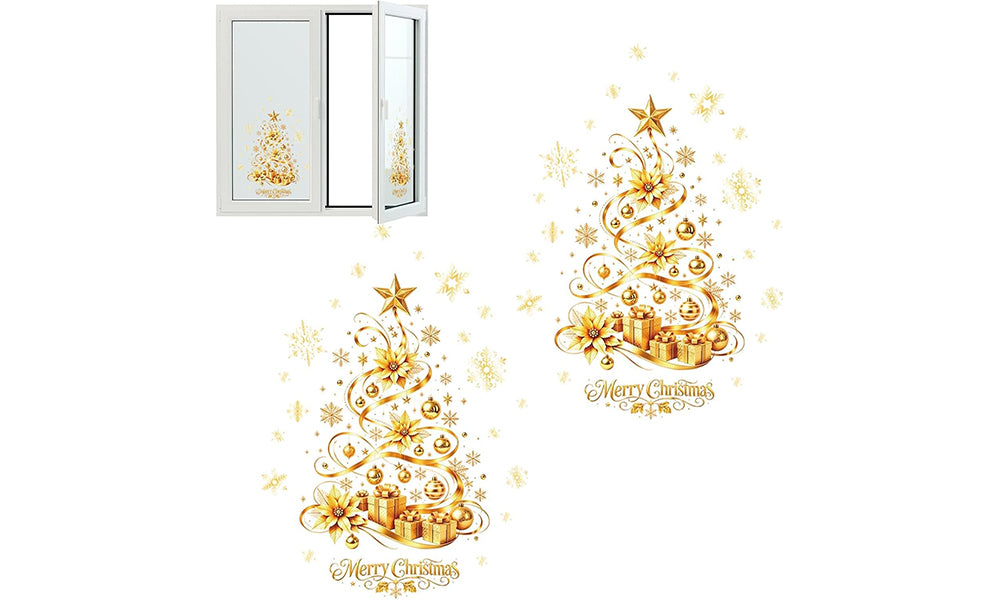 2 PCS Removable Gold Christmas Tree Static Cling Window Decals
