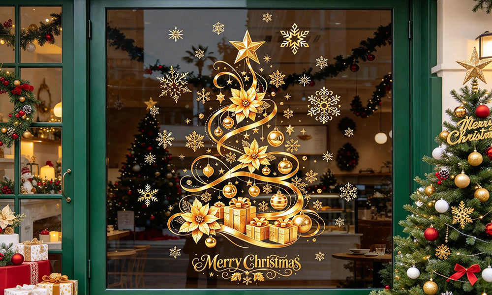 2 PCS Removable Gold Christmas Tree Static Cling Window Decals