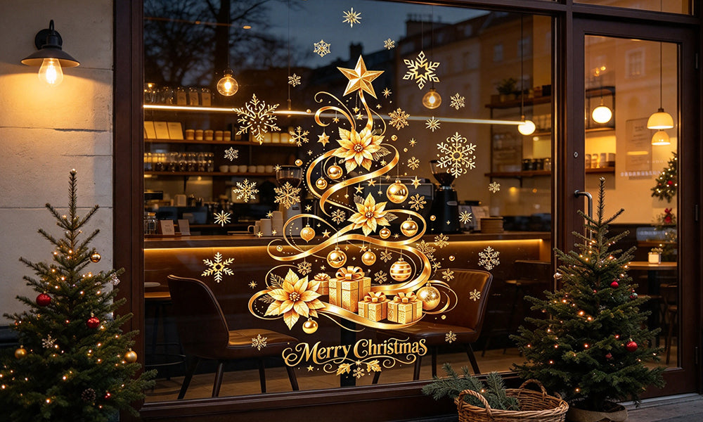 2 PCS Removable Gold Christmas Tree Static Cling Window Decals
