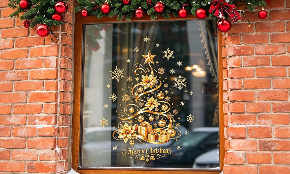 2 PCS Removable Gold Christmas Tree Static Cling Window Decals