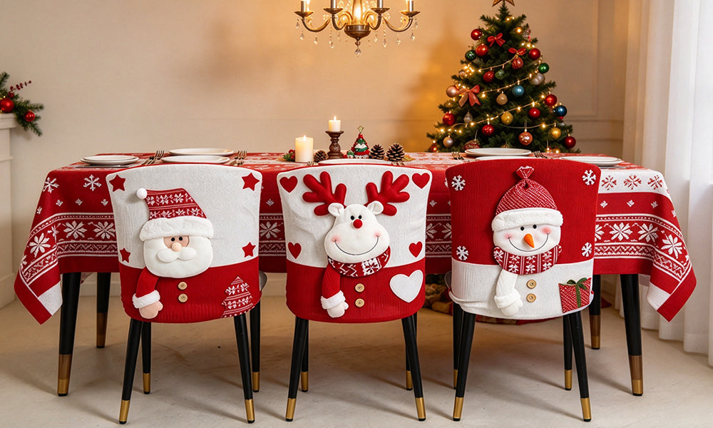 Christmas Chair Back Cover with Santa Snowman and Reindeer Designs