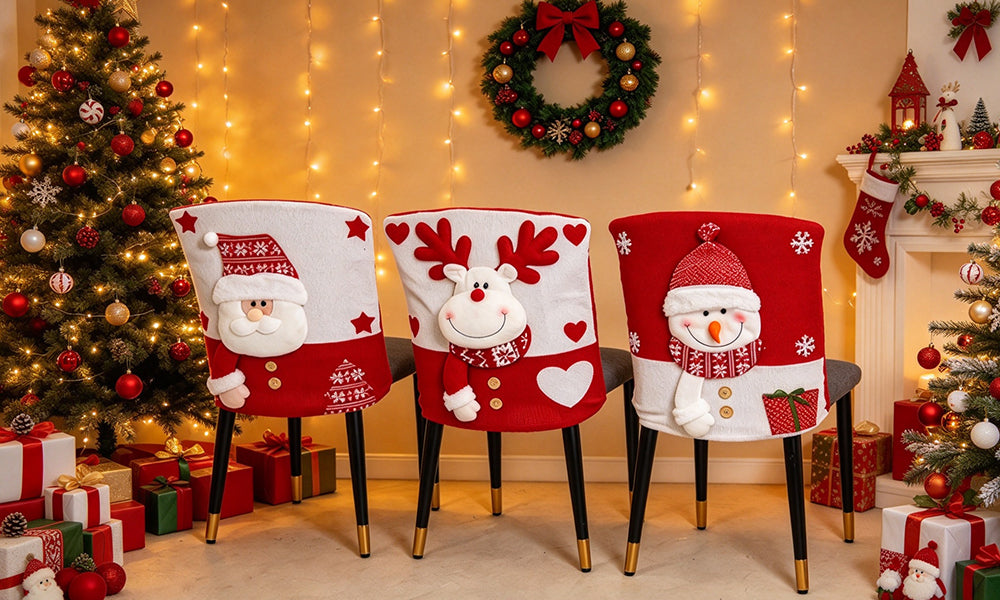 Christmas Chair Back Cover with Santa Snowman and Reindeer Designs